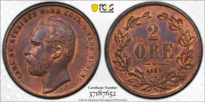 Швеция 2 эре 1863/2 г., PCGS MS63 RB, "Король Карл XV (1859 - 1872)"
