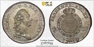 Швеция 1/6 риксдалера 1790 г. OL, PCGS MS62, "Король Густав III (1771 - 1792)"