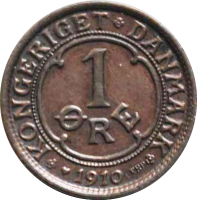 Дания 1 эре 1910 г. VBP, XF, "Король Фредерик VIII (1906 - 1912)"