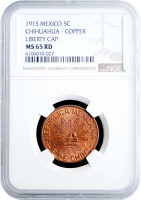 Чихуахуа 5 сентаво 1915 г., NGC MS65 RD, "Мексика Революционная (1910 - 1917)"